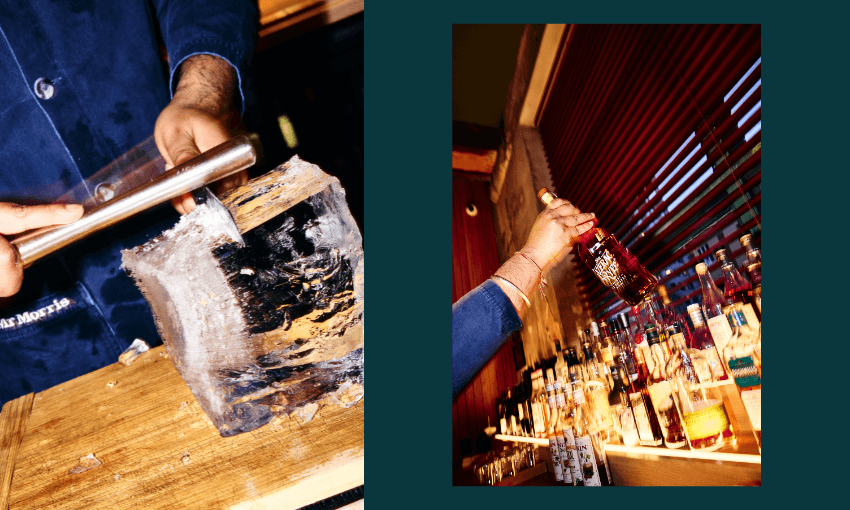 Split image: Left side shows a person chiseling a large block of ice on a wooden surface. Right side shows a hand reaching for a bottle of liquor from a well-lit bar shelf lined with various bottles.