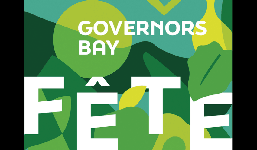 A promotional image for the Governors Bay Fete which has the lettering in white with a green and yellow background that looks like an abstracted rendition of the banks peninsula.