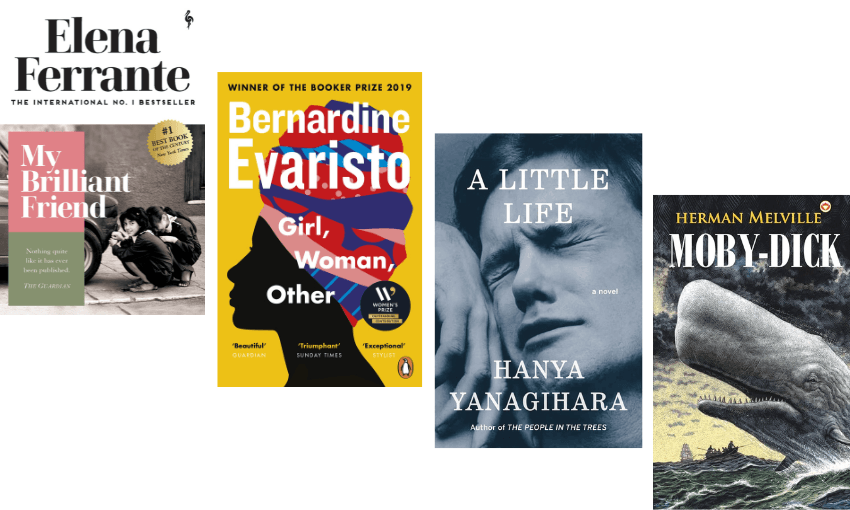 Four book covers staggered down the frame.