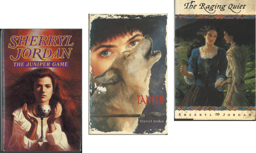 The covers of Sherryl Jordan's novels The Juniper Game, Tanith and The Raging Quiet.