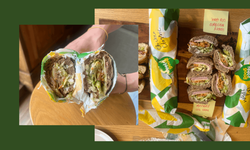 A close-up of a hand holding a halved sandwich with visible veggies and meat, overlaid on an image of various wrapped and sliced sandwiches with yellow and green Subway branding on a wooden surface.