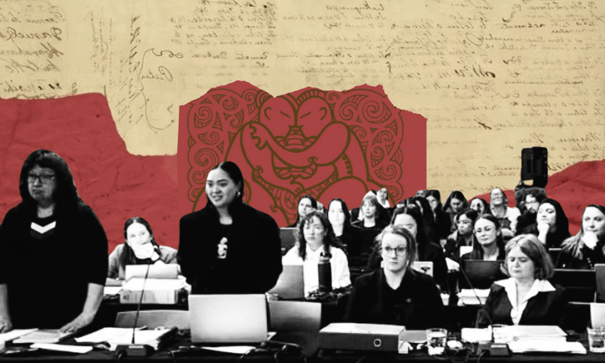 Annette Sykes and Maia Te Hira (standing) present at a Waitangi Tribunal hearing. (Image: Supplied). (Additional design: The Spinoff). 
