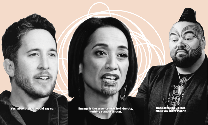 Chey Milne, Oriini Kaipara and Kereama Wright in a panel discussion on Te Ao with Moana (Design: The Spinoff). 

