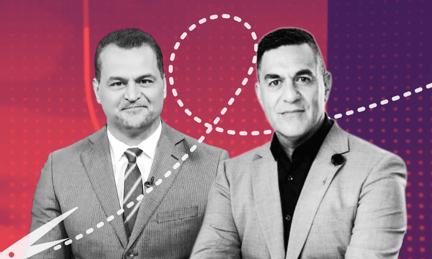 Te Karere host Scotty Morrison and The Hui’s Julian Wilcox (Image: The Spinoff) 
