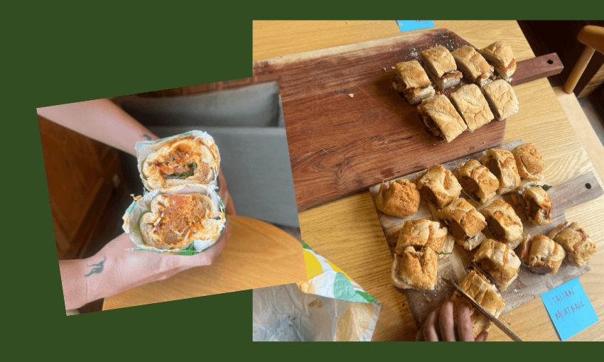 Two images: On the left, hands hold a halved, stuffed sandwich. On the right, chopped sandwiches are arranged on two wooden boards, all with various fillings visible.
