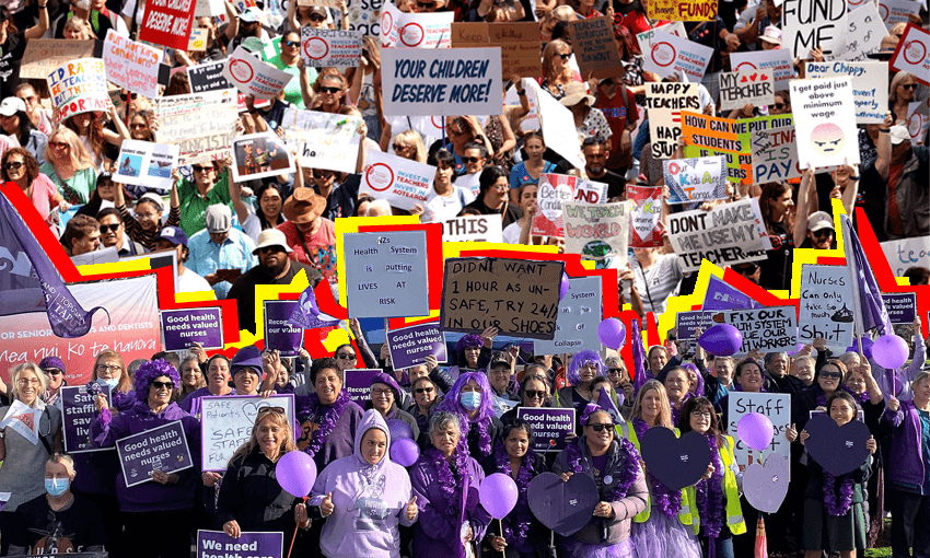 Teachers, nurses and other unionised public sector workers are all striking on October 23. (Images: Getty, NZNO) 
