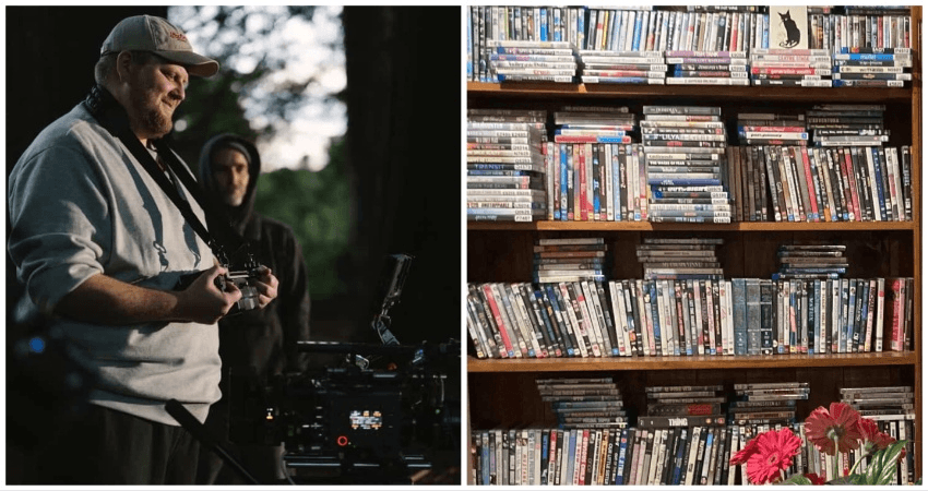 A two panel composite image. On the left is Tom Augustine on a film set looking into a camera. On the right is a bookshelf displaying his DVD collection