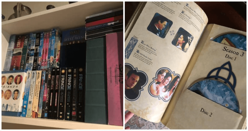 On the left, a bookshelf filled with TV series boxsets on DVD. On the right, a Charmed DVD boxset that looks like a book