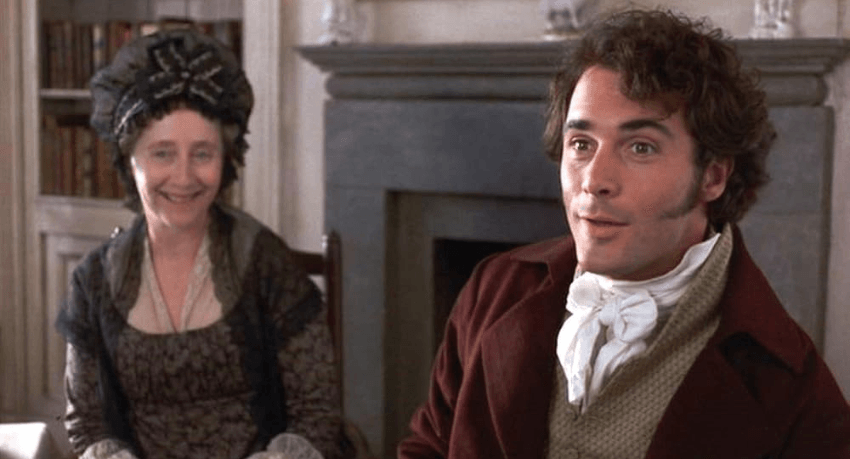 A still from the film Sense and Sensibility showing the actor Gemma Jones and Greg Wise who play Mrs Dashwood and Willoughby.