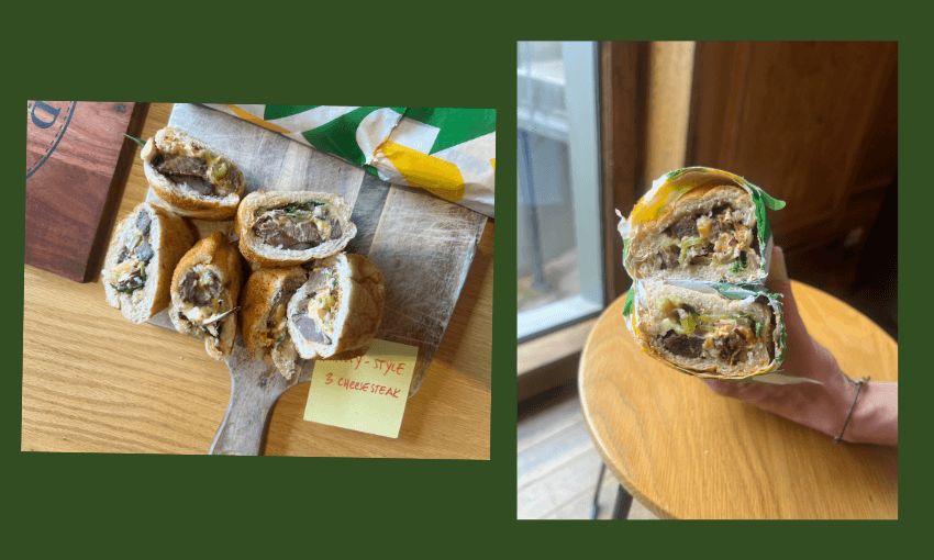 Two photos: one shows a halved sandwich with steak, cheese, and veggies on a wooden board with a note reading "PHIL-TYKE 3 CHEESESTEAK"; the other shows a hand holding a sandwich half over a round table.