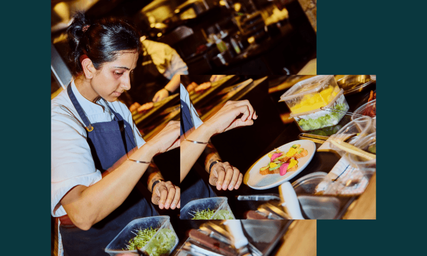 A chef in a dark apron carefully plates food in a busy kitchen. Nearby, containers of fresh ingredients and garnishes are arranged on the counter. The image is overlaid with an angled close-up of the chef's hands.