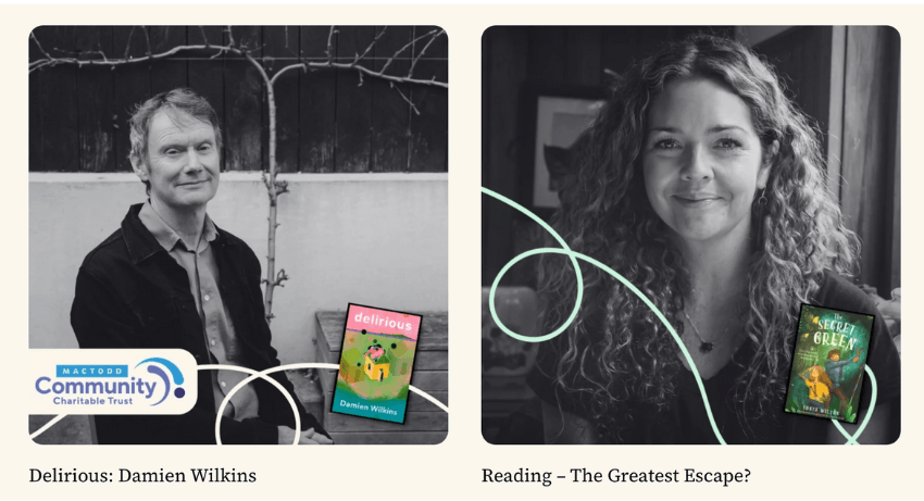 Two black and white photo tiles side by side. The left one has a photo of the writer Damien Wilkins who is middle-aged and is smiling. The right photo is of the writer Sonia Wilson who has long curly hair and is smiling.. 