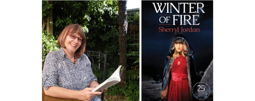 A photo of the author Sherryl Jordan who is sitting outside in a garden and holding a book. She is smiling. She has cropped brown hair with a fringe. Next to her is the cover of her book, Winter of Fire.