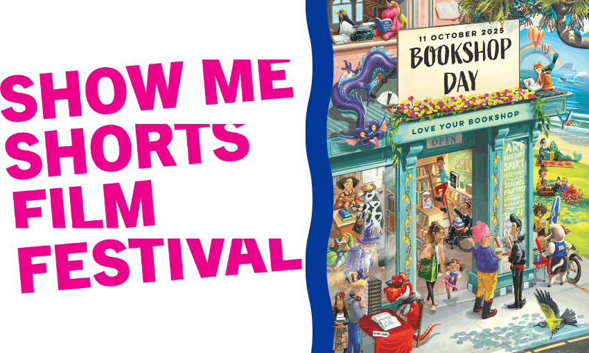 On the left is the logo for Show Me Shorts Film Festival which is stacked lettering in bright magenta. On the right is a poster for Bookshop Day in Aotearoa which is an illustration of the outside of a bookshop. 