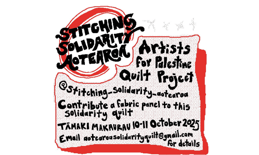 A promotional image for Stitching Solidarity Aotearoa which has text in hand written font and a red background.