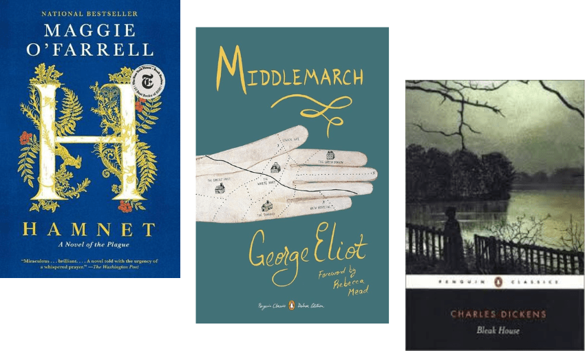 Three book covers descending. 