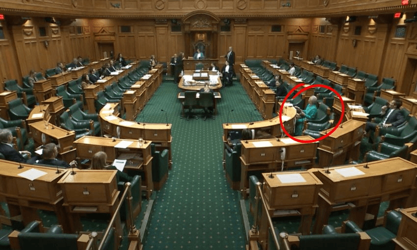 A screenshot from Parliament TV showing a full view in the House, with a red circle highlighting where Marama Davidson is sitting.