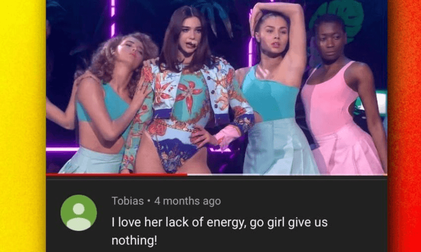 A screenshot of the "go girl, give us nothing" comment from a video of Dua Lipa's performance.