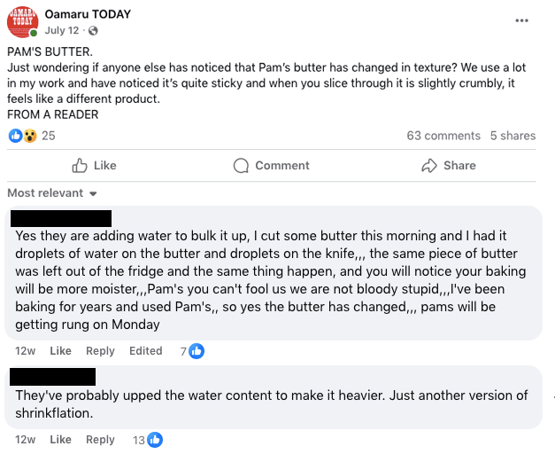 Facebook complaints about Pams butter