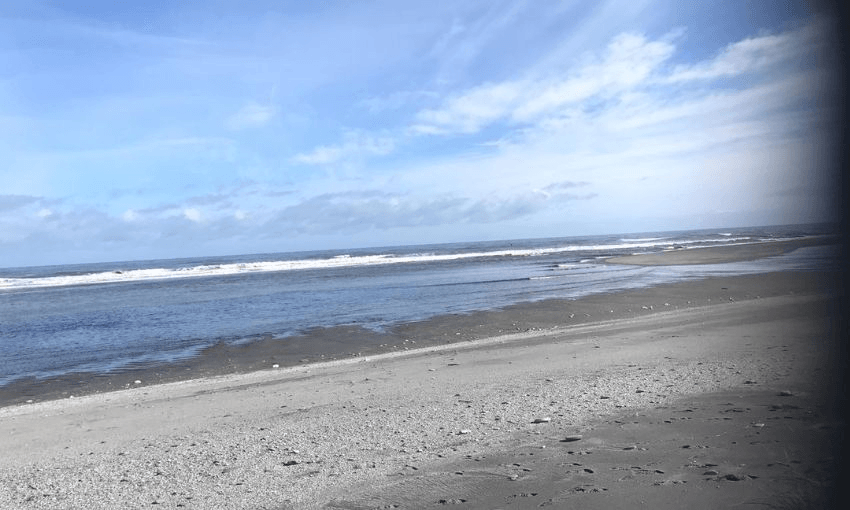 The shore of Ōpihi Bay at low tide.