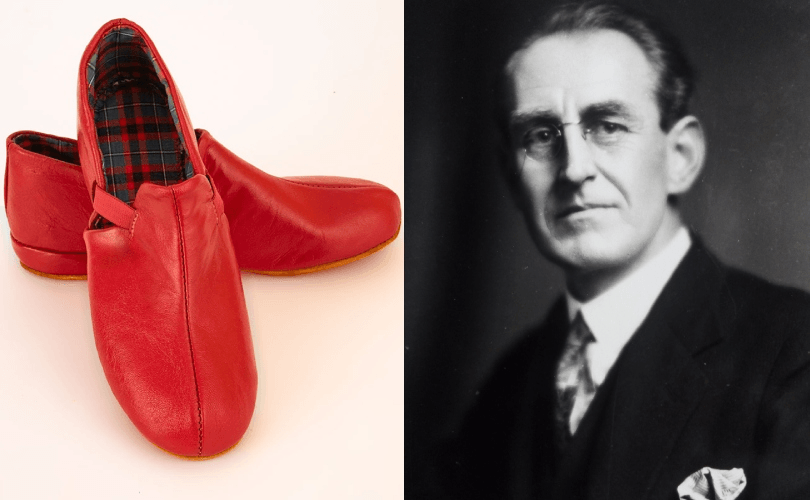 On the left, a pair of red leather slippers with a plaid interior lining. On the right, a black-and-white portrait of an older man in a suit, wearing glasses and looking at the camera.