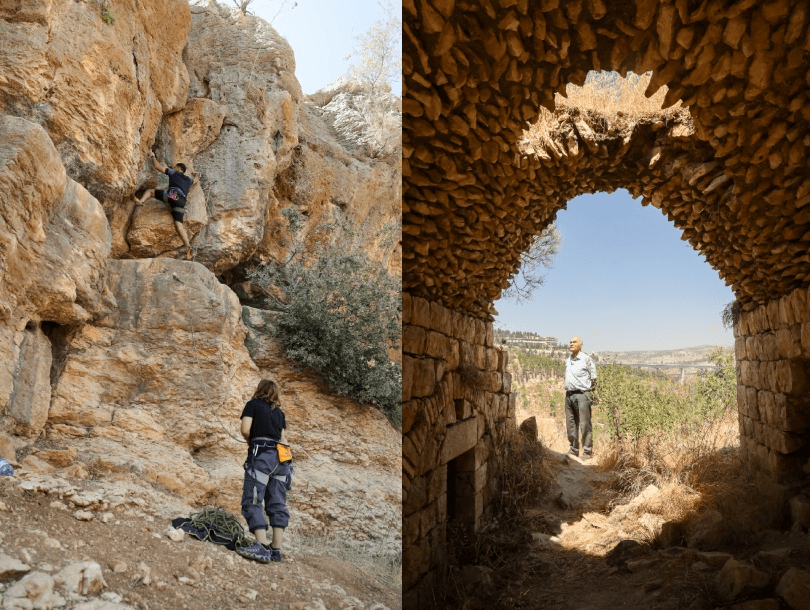 A split image: on the left, a rock climber ascends a rugged cliff while another person stands below; on the right, a man stands outside a stone archway, looking at a scenic, hilly landscape under a clear sky.