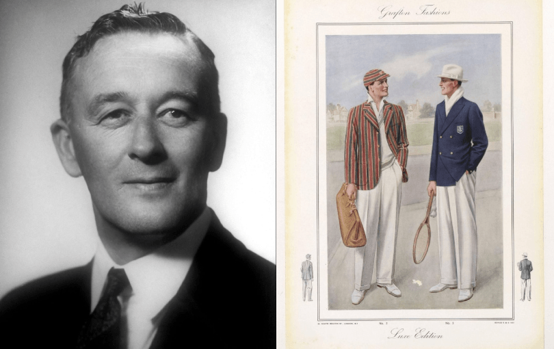 Black-and-white portrait of a man in a suit on the left; on the right, an illustration of two men in vintage tennis attire, one in a striped blazer and hat, the other in a blue blazer and white cap, holding tennis gear.