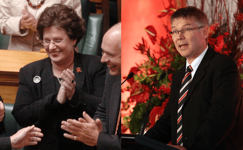 A split image shows a woman with short dark hair smiling and clapping among people on the left, and a man in glasses speaking at a podium in front of a red backdrop with flowers on the right.