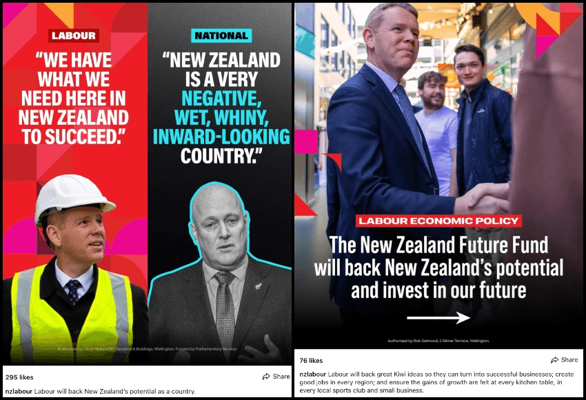 A split image: left side shows a man in a suit and hard hat below a Labour quote about succeeding in New Zealand, and a man in a suit below a National quote about New Zealand being negative; right side promotes Labour’s New Zealand Future Fund.