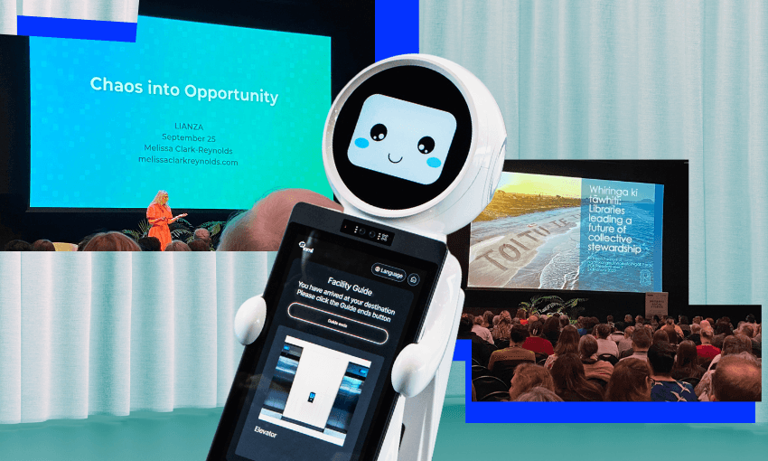 Two photos of a large room with people seated and listening to a presenter on stage in front of a large screen. In front of the photos is the image of a robot.