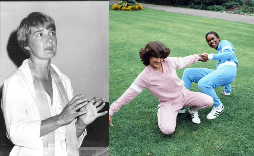 A black-and-white photo of a person gesturing with their hands is on the left. On the right, two smiling people in colorful tracksuits kneel and hold hands on green grass.