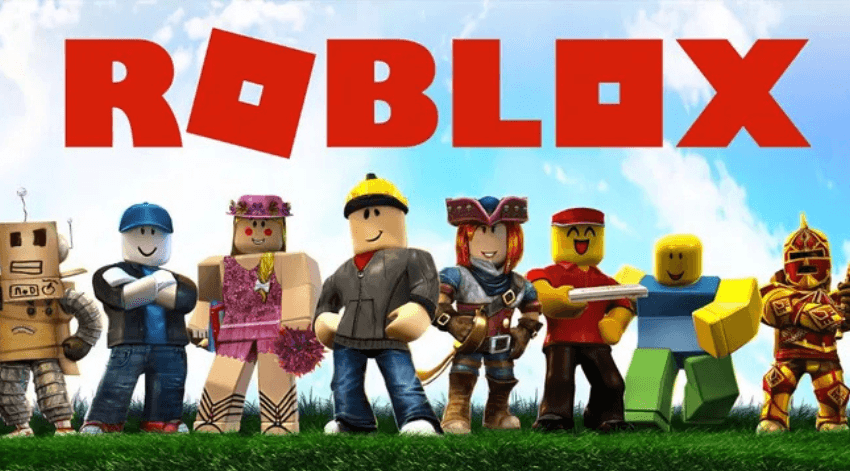 A promotional banner for Roblox showing lego characters standing on grass and large red lettering about them saying 'Roblox'.
