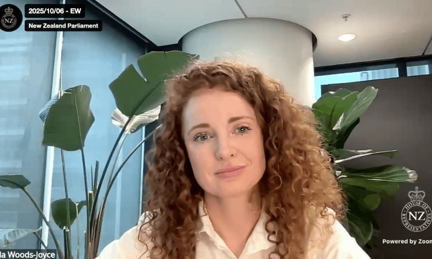 Australia woman with curly hair sits in a Zoom meeting.