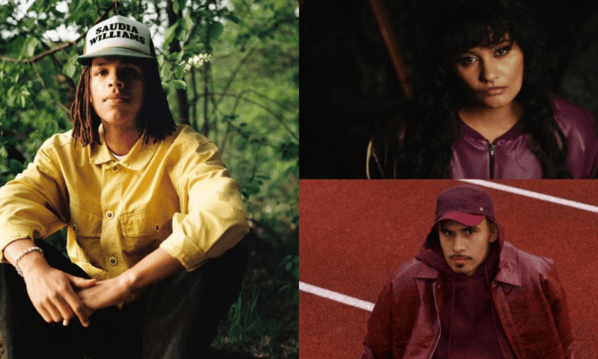 A collage of three people: on the left, a person in a yellow jacket and white cap sits outdoors; on the top right, a person with dark hair in a purple jacket; on the bottom right, a person in a maroon jacket and cap on a red track.