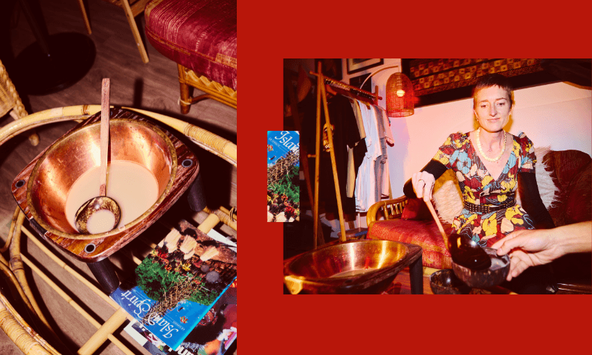 A woman in a colorful dress ladles a drink from a copper bowl. Nearby, a close-up shows the bowl with a ladle inside, surrounded by wicker furniture and a book titled "Sage, Salt + Spirit.