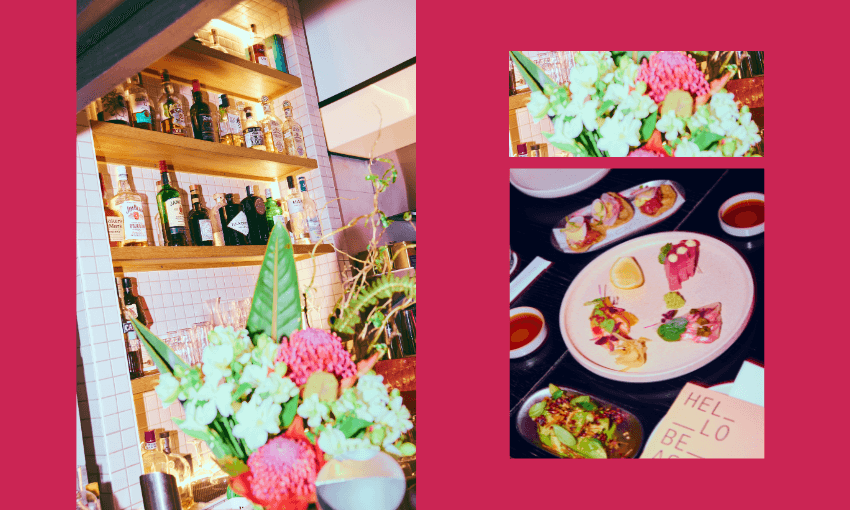 A bar shelf with liquor bottles and floral arrangements, alongside close-up shots of colorful gourmet dishes, all set against a bold pink background.