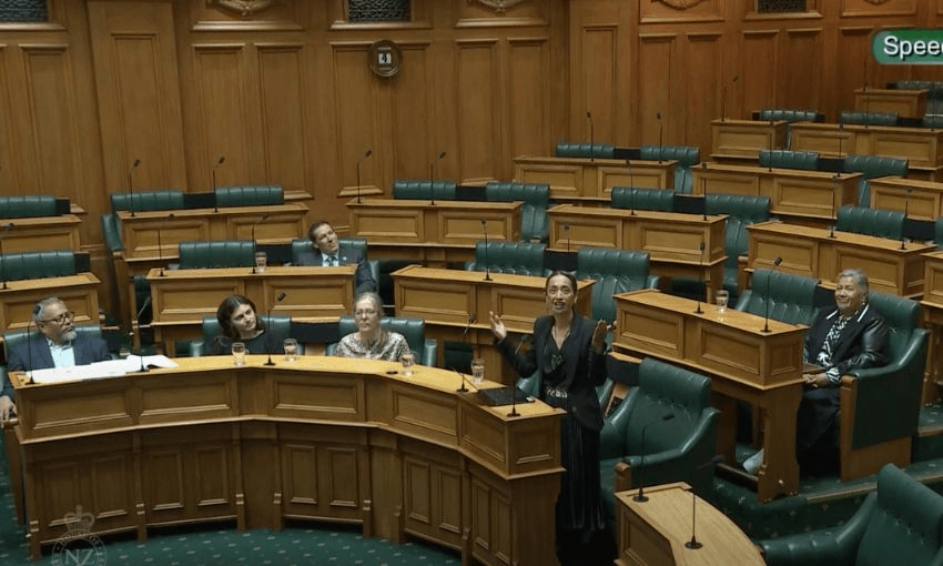 A wide shot of the opposition benches in the House, showing Oriini Kaipara standing and pointing towards the public gallery where Ngāti Pāoa was sitting.