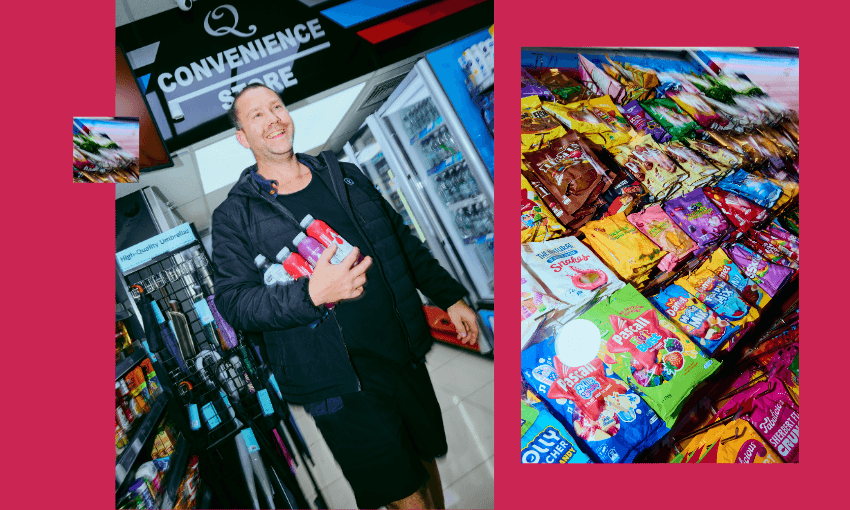 A smiling man holding drinks walks through a convenience store aisle filled with drinks, while brightly colored candy bags are displayed on a counter to the right.