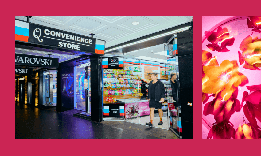 A man stands at the entrance of a brightly lit convenience store next to colorful snacks, with another shop and neon lights visible nearby. On the right, there is a close-up of vibrant yellow and pink flowers.