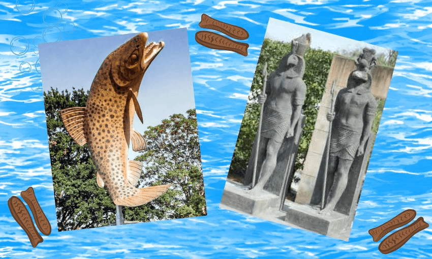 A cartoon sea background scattered with chocolate fish, inset with the trout statue in Gore and the Egyptian statues in Hamilton