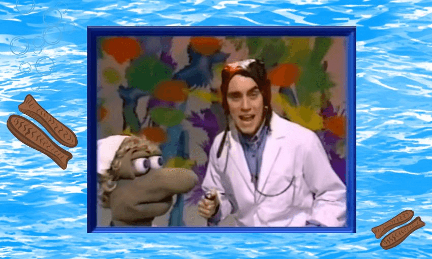 A cartoon sea background scattered with chocolate fish, inset with a screenshot of Thingee the alien and Jason Gunn