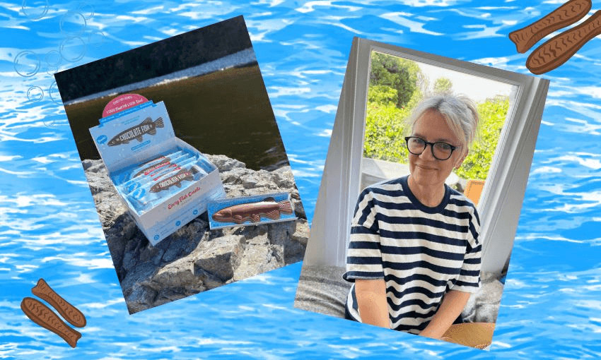 A cartoon sea background scattered with chocolate fish, inset with an image of The Chocolate Fish Company products and a blonde woman in glasses, Bridgette Yates