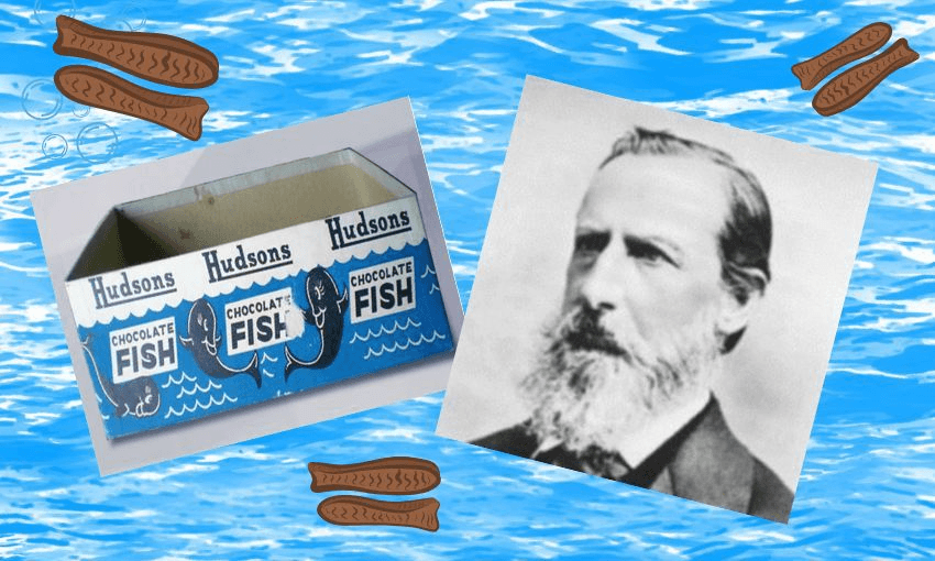 A cartoon sea background scattered with chocolate fish, inset with vintage Hudson's packaging and a black and white photo of a very beardy Hudson