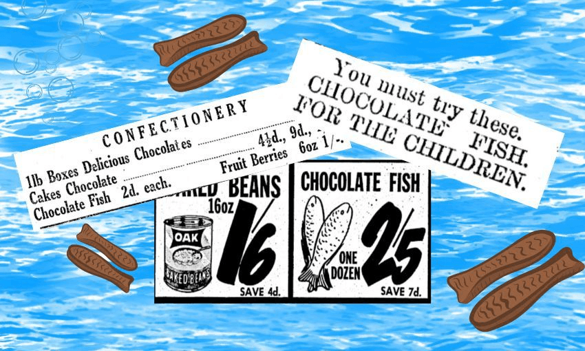 A cartoon sea background scattered with chocolate fish, inset with old chocolate fish ads