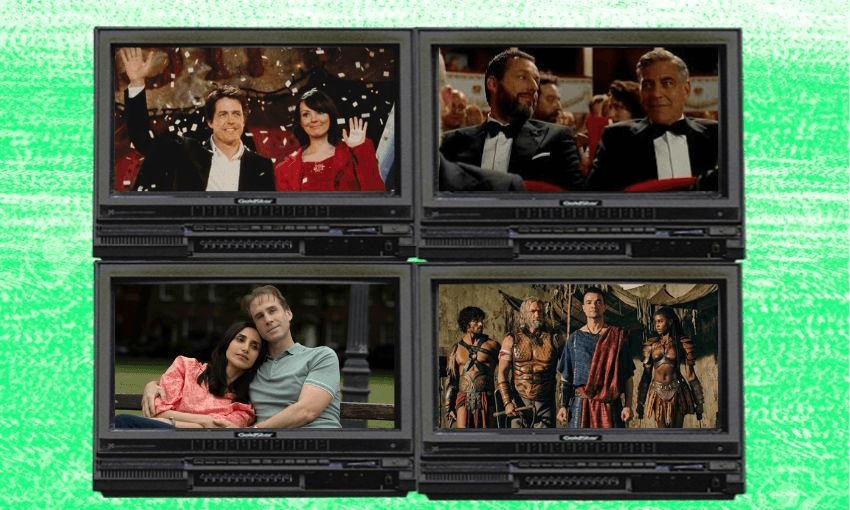 A lime green background with four television screens featuring the latest releases of the week