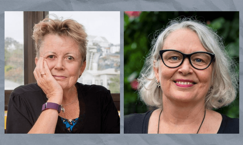 A grey background with a composite image of two women