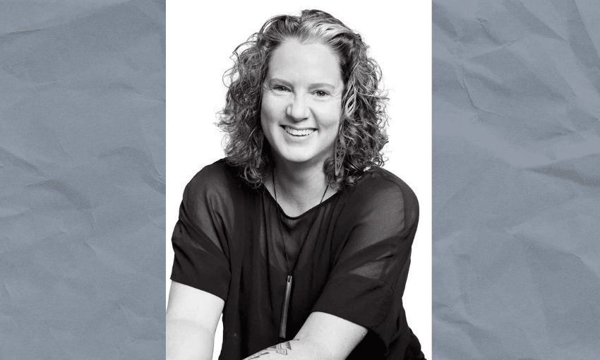 A black and white image of a woman on a grey background