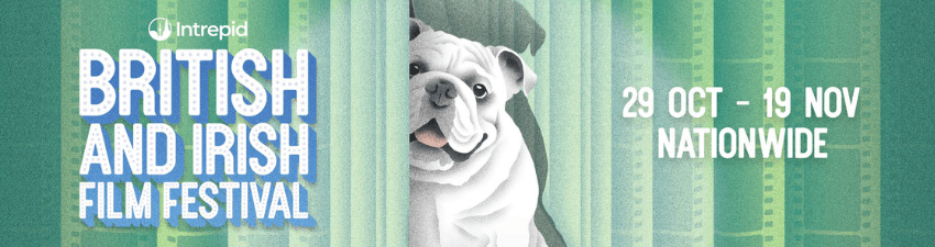 A banner showing a British bull dog peeking out from between two mint green curtains and the words 'British and Irish Film Festival' overlaid.