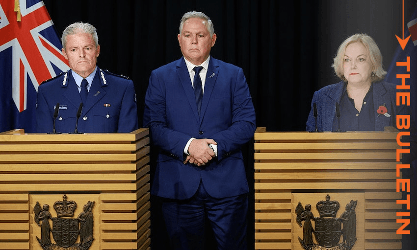 Police commissioner Richard Chambers, police minister Mark Mitchell and public service minister Judith Collins at their press conference following the publication of the report, November 11, 2025. (Photo: Mark Mitchell /New Zealand Herald via Getty Images) 
