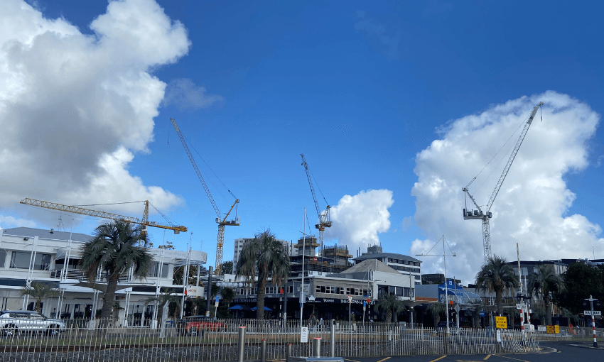 A photo of a small city skyline showing four cranes.